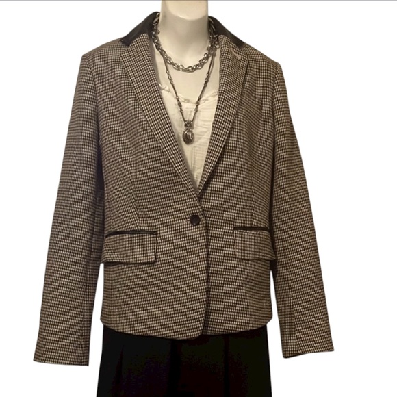 Club Monaco Plaid Checked Neutral Leather Collar Trim Blazer Jacket Sz 6